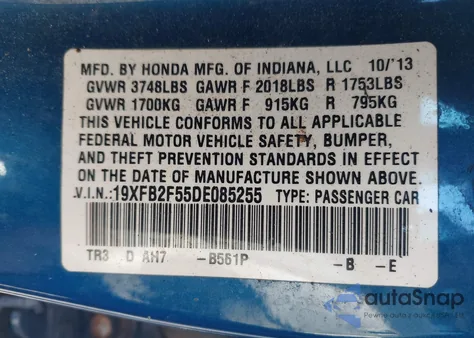 2013 Honda Civic Lx from USA, damaged, VIN 19XFB2F55DE085255